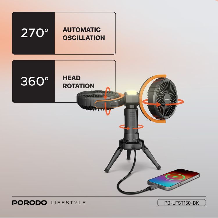 Porodo Lifestyle Dual-Head Oscillating Fan with LED Light, Power Bank, ABS & PP Material, 8000mAh Battery Capacity, Stable Tripod Base, Type-C Charging Port, 4 Levels Fan Speed, Hidden Hook - Black