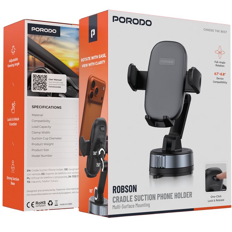 Porodo Robson Cradle Suction Phone Holder with Adjustable Viewing Angle, Lock and Unlock Function, Strong Suction Base, Multi-Surface Mounting, One-Click Lock and Release, Full-Angle Rotation, Compatible with 4.7"-6.8" Devices - Black