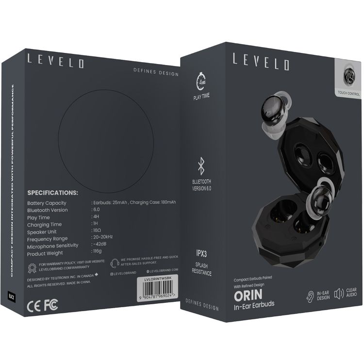 Levelo Orin in-Ear Earbuds with Touch Control, In-Ear Design, Clear Audio, IPX3 Water Resistance Level, 4 Hours Playtime, Bluetooth Version 6.0 - Black