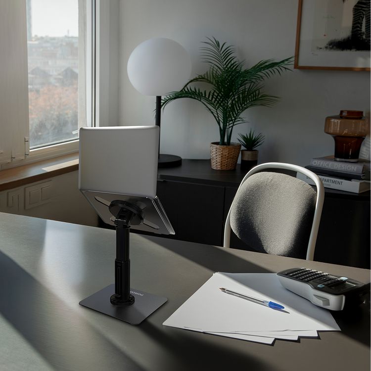 Porodo Laptop & Tablet Stand with Multiple Angle Dock, Adjustable Telescopic Rod, 1.6kg Weight Support, 43cm Adjustable Height, ABS & Silicone Material, Anti-Slip Base, 11"-17.3" Device Compatibility - Black