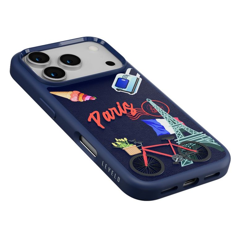 Levelo Vallo PU Leather Case for iPhone 17 Pro Max with Embroidery Paris Finish, Comfortable Hold, Durable PU Leather, Raised Bezels for Camera and Screen, True Microfiber Interior Lining, Scratch & Wear Resistant, Shock-Resistant Bumper - Cobalt Blue