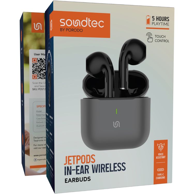 Porodo Soundtec Jetpods In-Ear Wireless Earbuds with 5 Hours Music Playback Time, Bluetooth Version 5.4, 10m Transmission Range, Type-C Charging, Immersive Audio, Ergonomic Fit, Hands-Free Call - Black