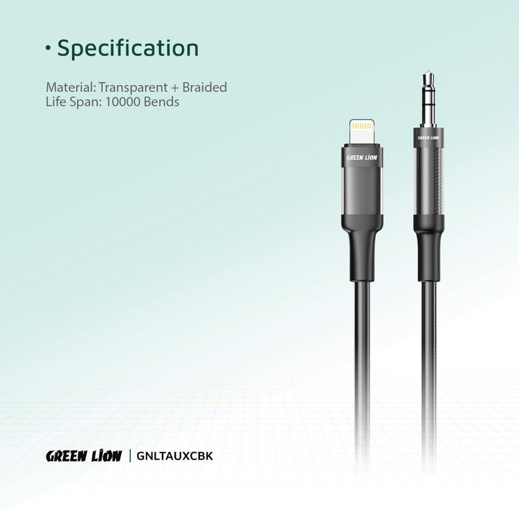 Green Lion Lightning to AUX Braided Cable with 10000 Bends Lifespan, 1m Cable Length, Stable Signal, Copper Core, Transparent + Braided - Black