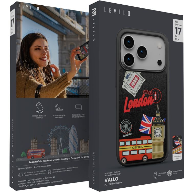 Levelo Vallo PU Leather Case for iPhone 17 Pro Max with Embroidery London Finish, Comfortable Hold, Durable PU Leather, Raised Bezels for Camera and Screen, True Microfiber Interior Lining, Scratch & Wear Resistant, Shock-Resistant Bumper - Midnight Black