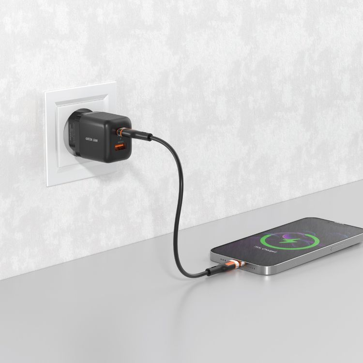Green Lion Ultra Compact GaN Wall Charger with Dual USB-C & USB-A Ports and USB-C to USB-C Cable, PC Flame Retardant Material, Fast Charging Support, Charging Protection, Universal Compatibility, Ultra Portable - Black