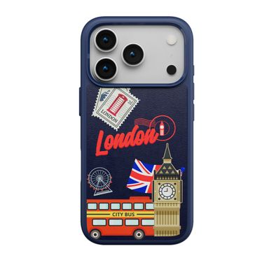 Levelo Vallo PU Leather Case for iPhone 17 Pro with Embroidery London Finish, Comfortable Hold, Durable PU Leather, Raised Bezels for Camera and Screen, True Microfiber Interior Lining, Scratch & Wear Resistant, Shock-Resistant Bumper - Cobalt Blue