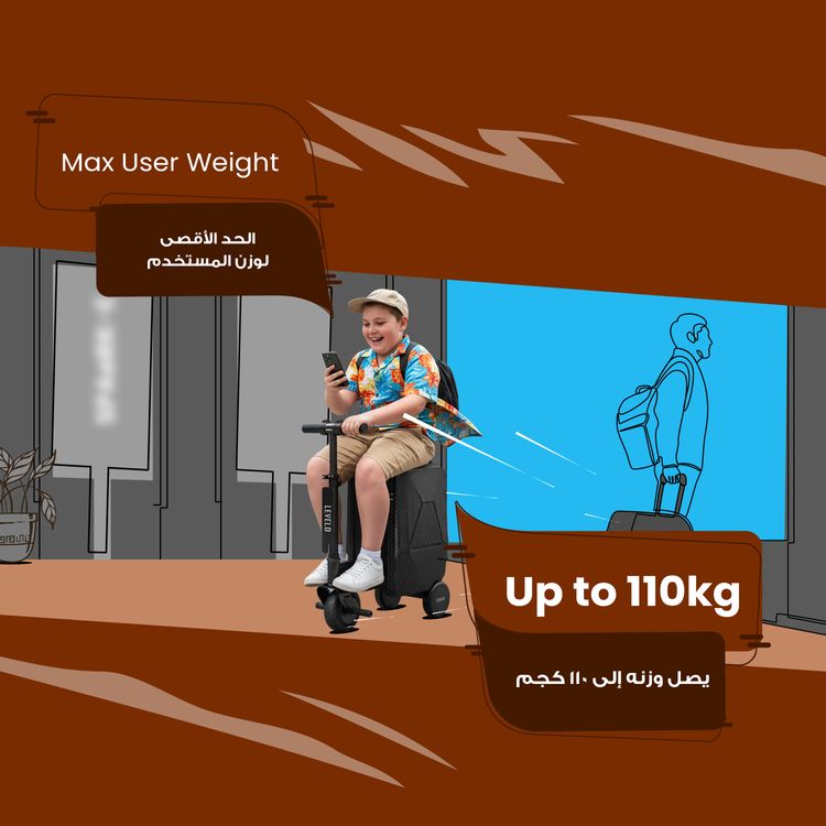 Levelo Spark-E Portable E-Scooter Luggage with Smooth-Rolling Wheels , Ultra-Light Carbon Fiber Construction, TSA Lock, Smart Telescopic Handle, Effortless Travel, Reverse gear, 250W Motor Power, 20L Luggage Capacity,  110kg Max User Weight - Black