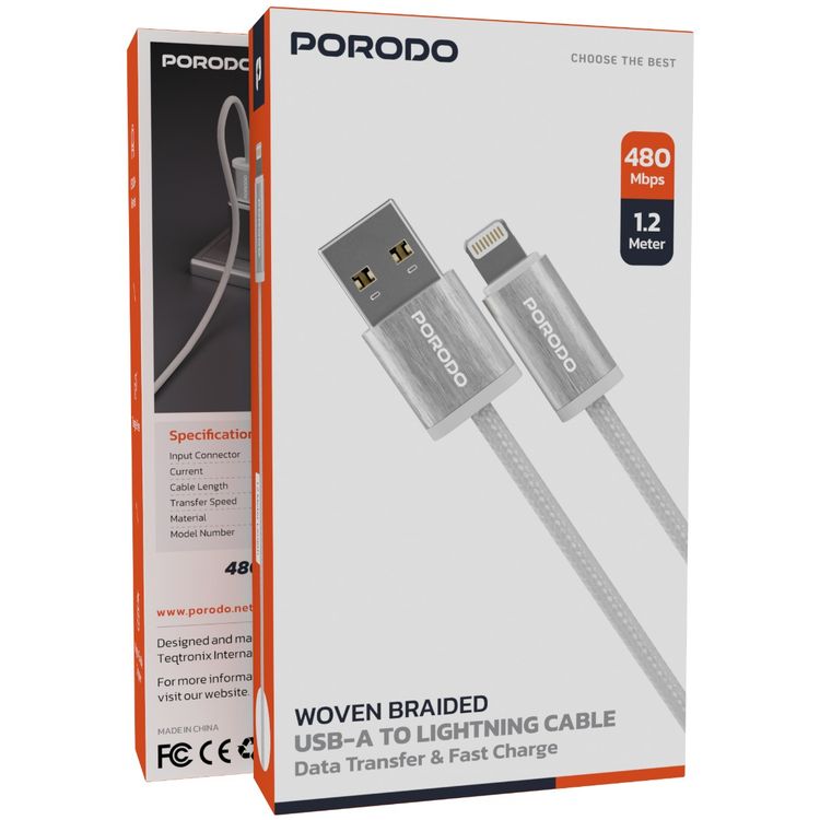 Porodo Woven Braided USB-A to Lightning Cable with 1.2m Cable Length, Fast Charge & Data Transmission, Tangle Free Design, High-Grade Components - White