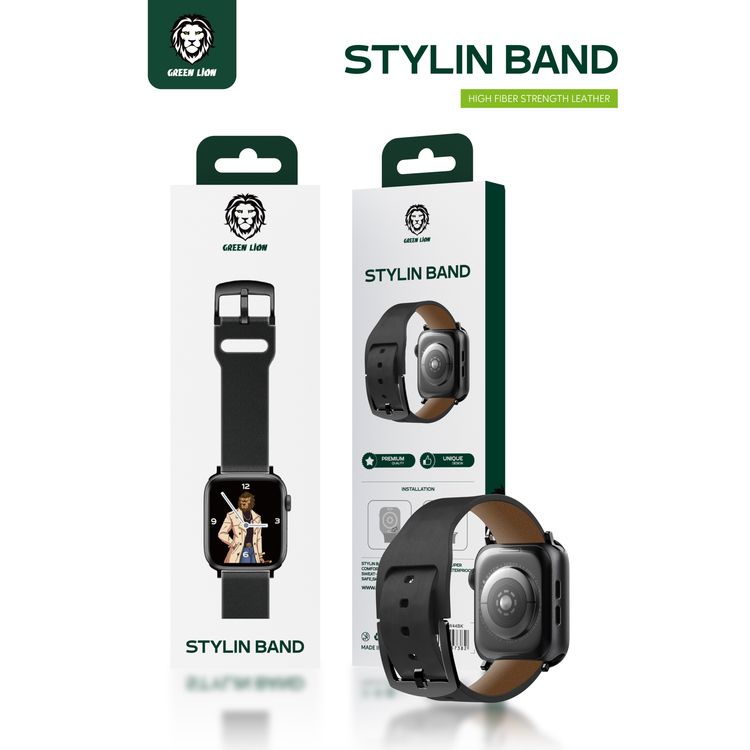 Green Lion Stylin Leather Watch Strap Band for Apple Watch 42/44mm, Metal Buckle Lock, Water & Sweat Resistant, 360° Twist, Breathable & Comfortable, Skin-Friendly - Black