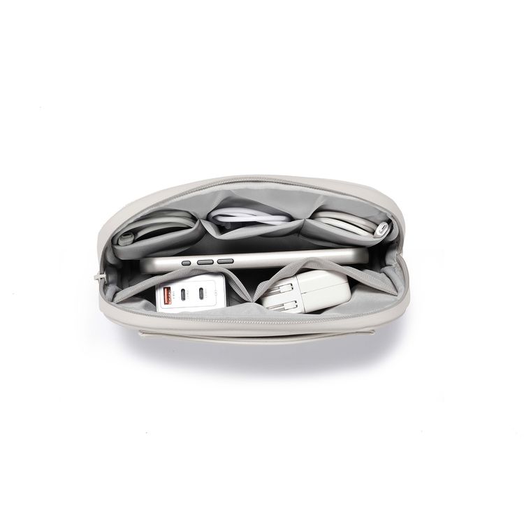 Porodo Geneva Tech Accessory Pouch with Easy-to-Carry Handle, 1L Capacity, PU Material, Zipper Closure, Water Resistant, Spacious Compartment, Cable Organizer - Beige