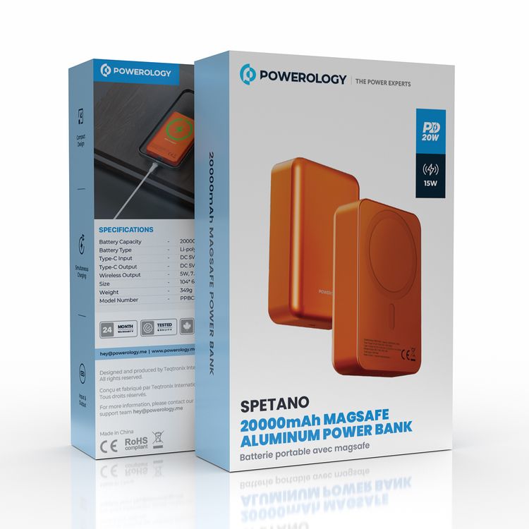 باورولوجي سباتانو 20000mAh باور بانك مغناطيسي مصنوع من الألومنيوم مع مؤشر لمستوى البطارية، تصميم خفيف الوزن ومضغوط، شحن سريع ومتزامن، مدخل ومخرج Type-C، شحن لاسلكي بقدرة 15 وات - برتقالي