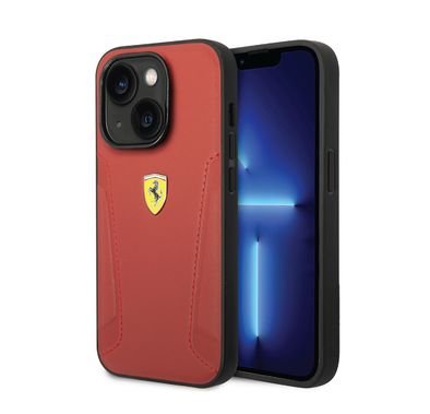 Ferrari Leather Case With Hot Stamped Sides & Yellow Shield Logo - iPhone 14 - Red