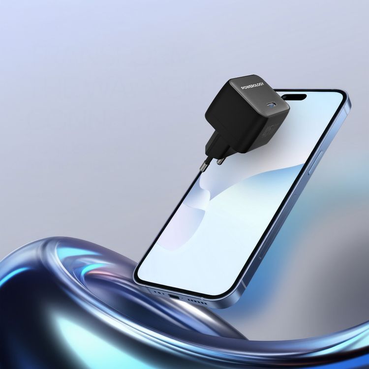 Powerology QX 45W Pocket-Sized GaN Adapter with Safety Protections, USB-C Port, Ultra-Compact Design, EU 2-Pin Plug, PD 45W - Black / Gray