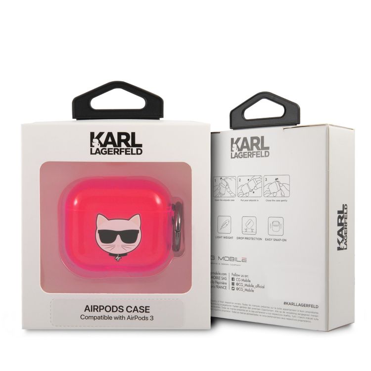 Karl Lagerfeld Choupette Fluo Case for Apple Airpods 3 with Accurate Cutouts, Wireless Charging Support, Easy Snap-on, Protection Against Scratches, Dirt and Minor Drops - Pink