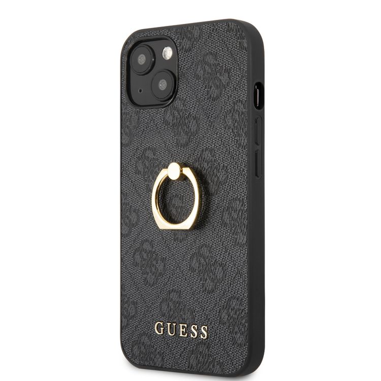 CG MOBILE Guess PU Leather 4G Case with 360° Rotating Ring Grip Holder Stand Compatible for iPhone 13 (6.1") Suitable with Wireless Charging Officially Licensed - Black