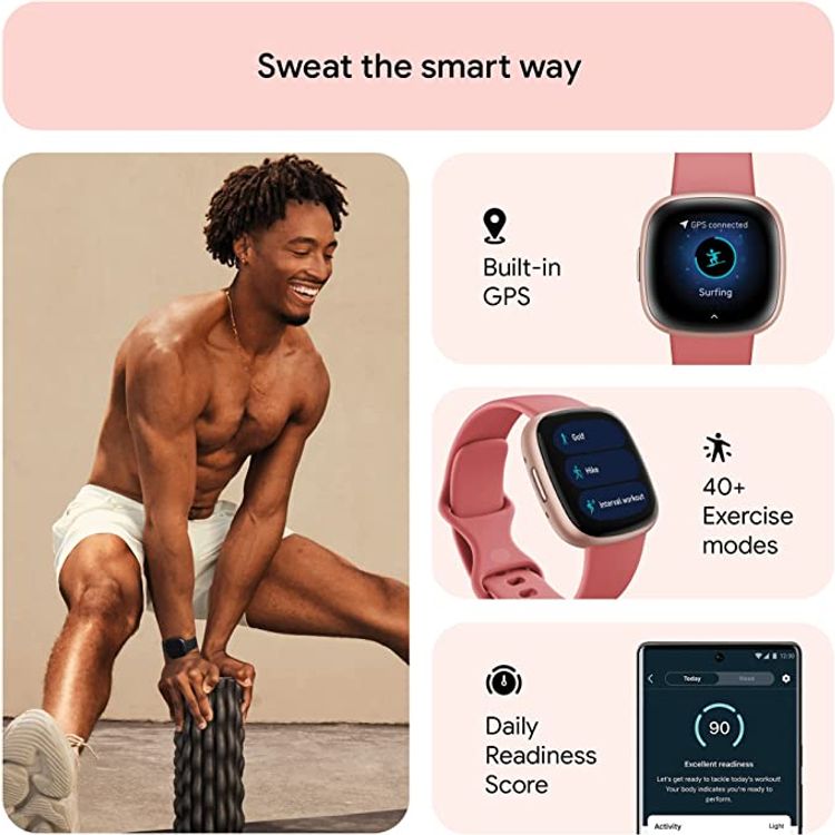 Fitbit Versa 4 Fitness Aluminum Wristband with Heart Rate Tracker - Pink Sand/Copper Rose Aluminum