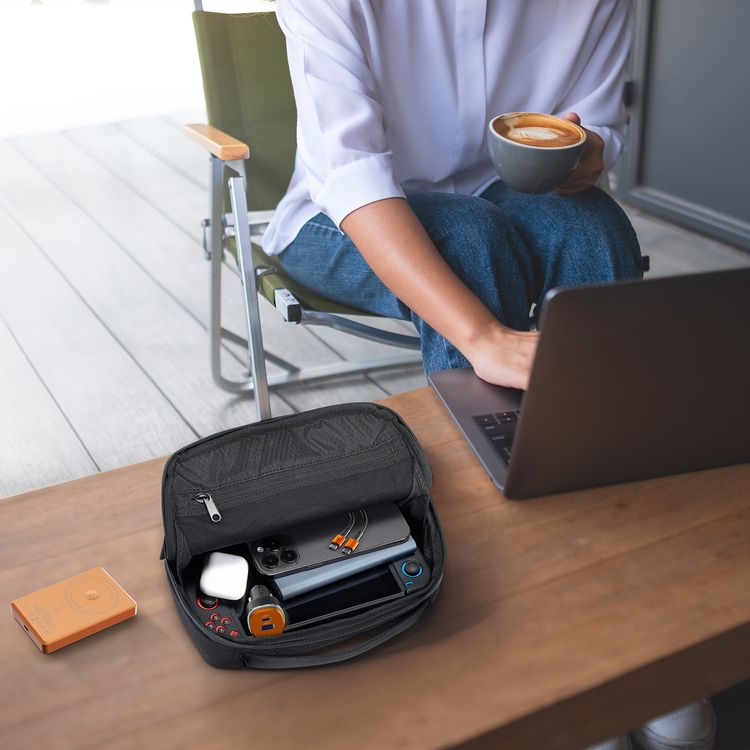 Powerology Nirvano 5-in-1 Power Travel Kit with 2.5L Travel Bag, 10000mAh MagSafe Power Bank, 75W Dual-Port USB-C + USB-A Output Car Charger, 45W GaN Wall Charger, 1m/60W USB-C Cable, UK 3-Pin Plug, N54 Magnet Type,  Car Charger Total Output 75W, Car Charger Material Zinc Alloy + PC - Black / Orange