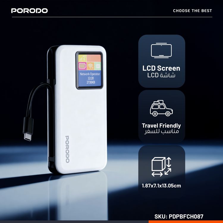 Porodo 4G LTE & Wi-Fi 6 PB087 Pocket Router with 10000mAh Power Bank, 4G LTE Wireless Technology, 15W Max Total Output, 16 Maximum Users, 26 Hours Working Time, Nano SIM Card Slot, 300Mbps TDD-LTE Speed, Fast & Reliable Connectivity, Secure Encryption, TSA Approved - White