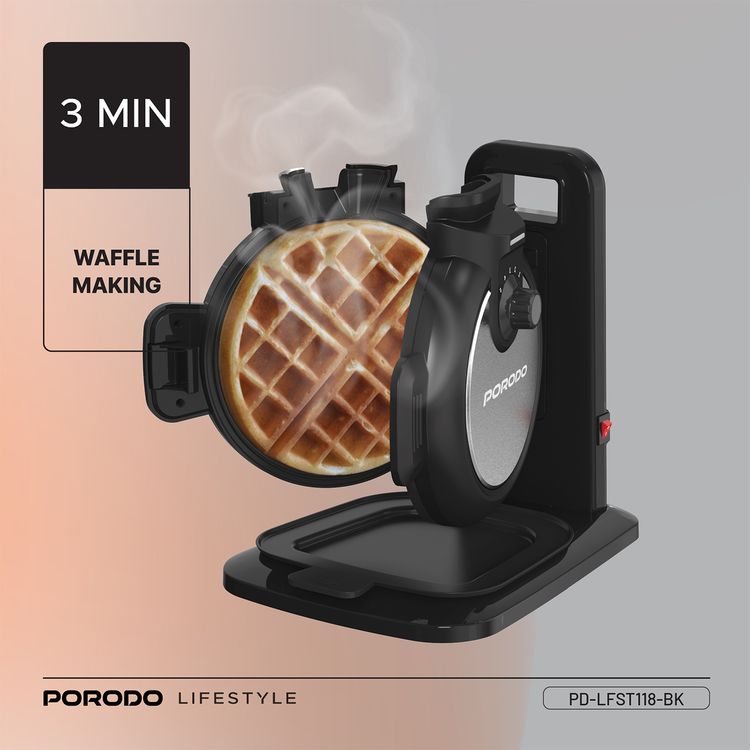 Porodo Vertical Waffle Maker with 5 Heat Levels, 210ml Capacity, 800W Power, Up to 5:30 Minutes Waffle Making Time, Non-Stick Plate, Batter Tray - Black