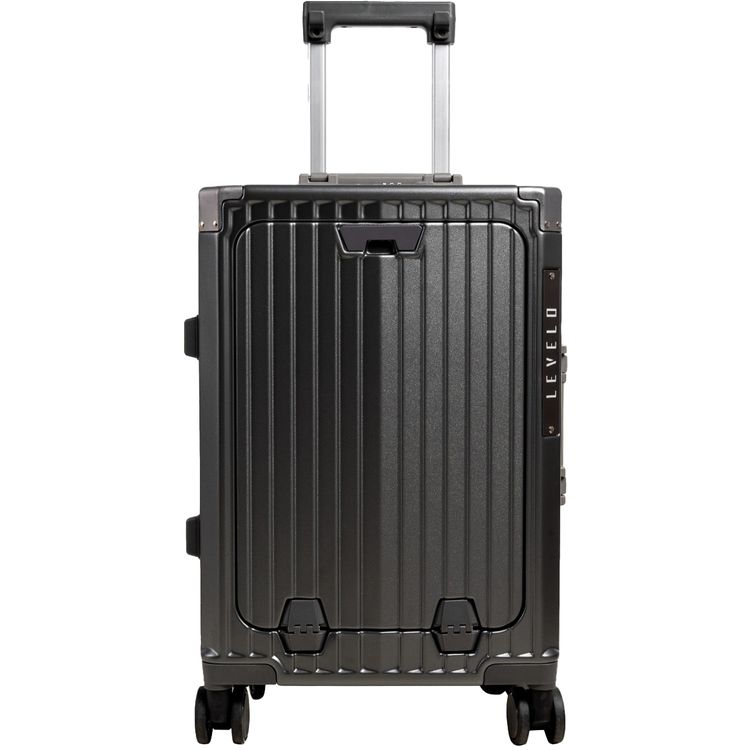 Levelo RoamRollers Travel Luggage with an Aluminum Body, USB-A & USB-C Output, Metal Corner Protection, Front Pocket Compatible with Up to 15.6" Laptop, Phone Holder and Cup Holder, Silent Spinner Wheels - Black 