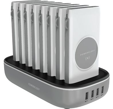 Powerology 8 in 1 Wireless Power Bank Station 10000mAh with Built-In Cable ( Lightning & Type-C ) PD 20W - White - 10000 mAh