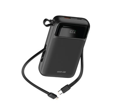 Green Lion Luzern 10000mAh MagSafe Power Bank, Lightweight, LED Display, Built-in Dual Cable USB-C & Lightning, 22.5W USB-A Port, 20W Power Delivery, Up to 15W Wireless Output - Black