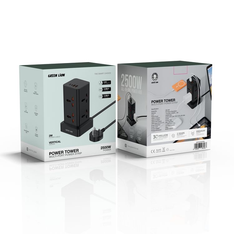 Green Lion Power Tower 2500W Universal Power Strip, Vertical Design with 8×AC Outlet Sockets, 2×Type-C & 2×USB-A Ports, 20W Power Delivery, Built-in Overload & Surge Protection, UK 3-Pin Plug with 2m Cord Length, Multi-Device Charging – Black