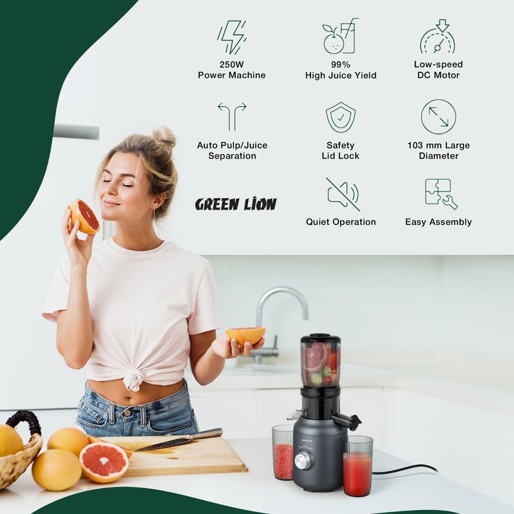 Green Lion Slow Juicer Pure Copper Motor with 250W Power, Up to 30 Minutes Operating Time, One-Button Operation, Automatic Separation of Slag & Juice, 103 mm Diameter - Black