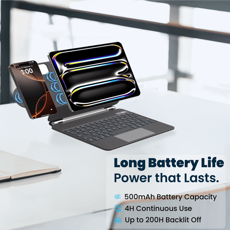 حافظة لوحة مفاتيح لاسلكية من باورولوجي داينا بورد لجهاز آيباد برو 11 بوصة (M4)، حامل هاتف ماج سيف، لوحة لمس، مفاتيح وسائط متعددة، سعة بطارية 500 مللي أمبير/ساعة، وقت عمل 8 أيام، وقت شحن 2.5 ساعة، سهولة الوصول إلى القلم، بلوتوث الإصدار 5.1، نطاق نقل 10 أمتار، ملحق سريع التركيب - أسود