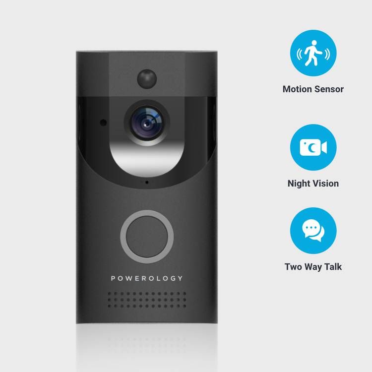 Powerology Smart Doorbell with Motion Sensor, Wide Angle Video, Night Vision, Two-way Talk by Embedded Microphone, Supports Micro SD Card Up to 32GB, F37 Sensor, 166° Wide Angle - Black