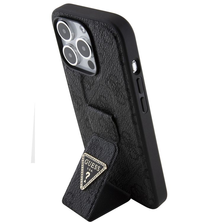 تخمين حقيبة جلدية بو Gripstand مع نمط 4G مثلث ستراس - أسود - iPhone 15 Pro Max