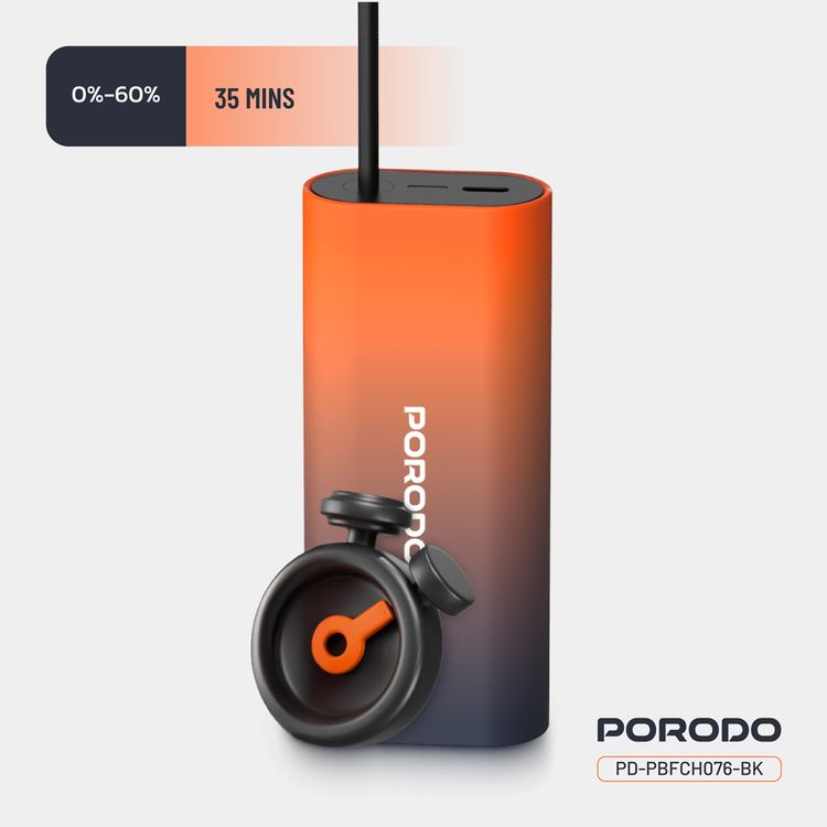 Porodo PB076 10000mAh Power Bank with  Integrated Type-C Cable, PD 20W, Type-C Port, Portable Design, Fast Charge Support - Black