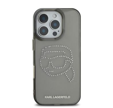 Karl Lagerfeld IML Hard Case for iPhone 16 Pro with Rhinestones Karl Head Logo, Slim Profile, Lightweight, Easy Snap-on, Drop Protection, Sustainable Packing - Black
