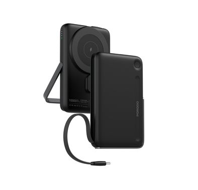بورودو باور بانك بسعة 10000mAh مع كابل مدمج من نوع C و حامل، تثبيت مغناطيسي قوي، توصيل طاقة بقوة 20 واط، دعم الشحن السريع، إخراج لاسلكي بقوة 15 واط - أسود