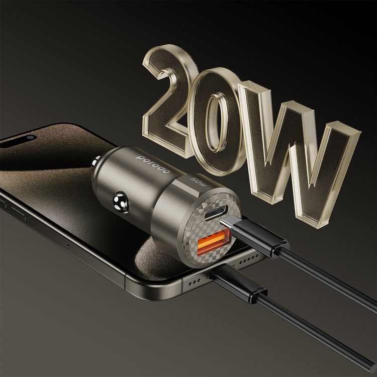Porodo 50W Dual Port Car Charger, 20W Power Delivery, Simultaneous Fast Charging, 30W Quick Charge, Multi Protection, Carbon Fiber Print, Lightweight & Portable - Titanium