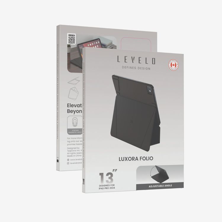 حافظة Levelo Luxora Folio لجهاز iPad Pro 13 بوصة، تتميز بقوة مغناطيسية عالية، تصميم متعدد الطيات، قابلية لتعديل الارتفاع - أسود