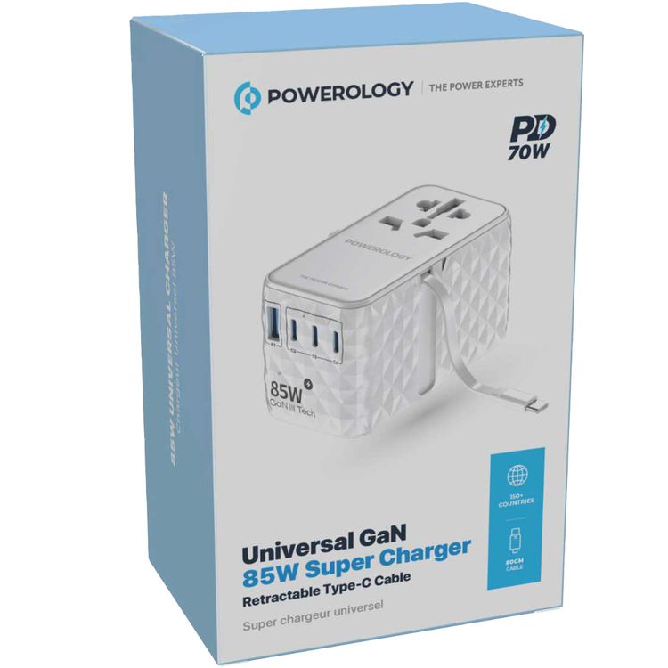 Powerology Universal 85W Super Charger with Retractable Type-C Cable, 70W Power Delivery, GaN Technology, Simultaneous Charging, Spare Fuse Included - White