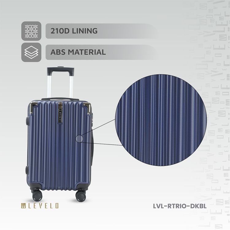 Levelo 3-Set ABS Luggage with Built-in Weighing Scale, Combination Lock, Iron Trolley, Double Wheels, Impact-Resistant Corners & Shock-Resistant, PP & Soft Rubber Handle - Dark Blue