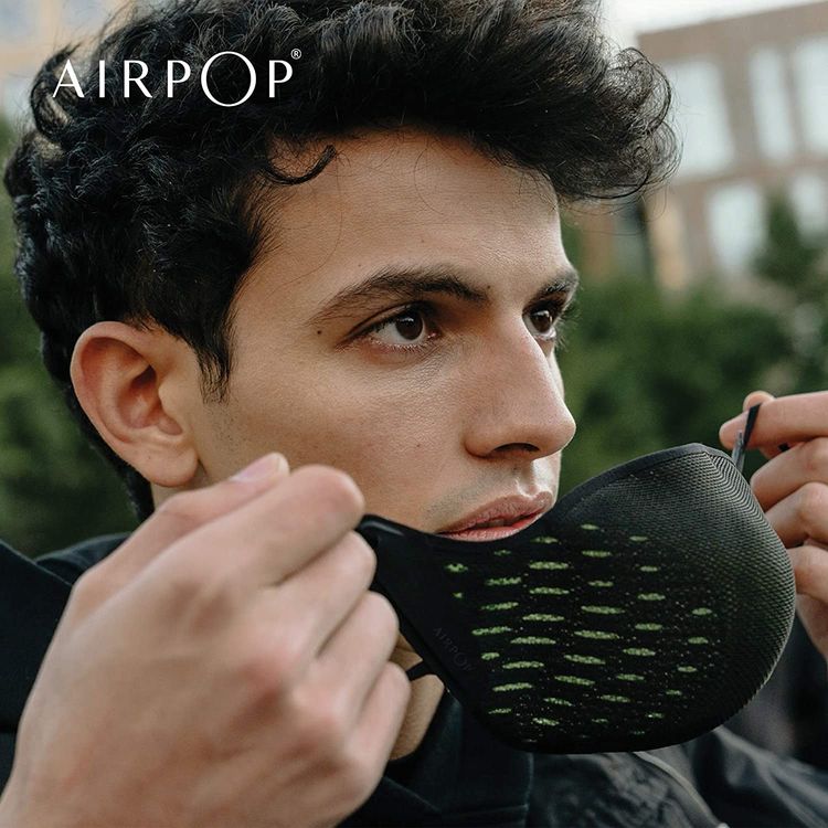 Airpop Active Reusable Face Mask with 5-Layer Filter Face Coverings for Sports, Breathable & Comfortable, Replacement Filter System, Moisture-Wicking Outer Shell - Black / Green