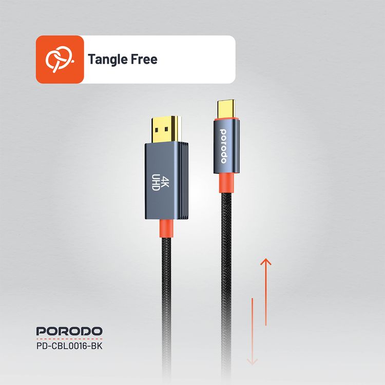 Porodo Aluminum Alloy Woven Cable Type-C to HDMI, 2m Cable Length, Ultra HD 4k Resolution, Plug & Play, Tangle Free - Black