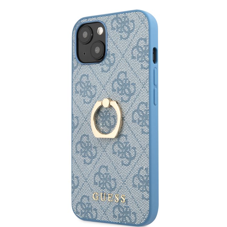 CG MOBILE Guess PU Leather 4G Case with 360° Rotating Ring Grip Holder Stand Compatible for iPhone 13 Mini (5.4") Suitable with Wireless Charging Officially Licensed - Blue