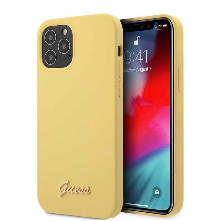 CG Mobile Guess Liquid Silicone Case with Metal Logo Compatible for iPhone 12 / 12 Pro (6.1") Premium Silicone Case, Shock & Scratch Resistant, Easy Access to All Ports - Yellow