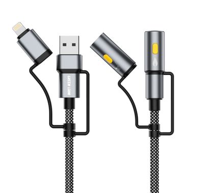 Green Lion 6-in-1 Charging Cable with 1.2m Cable Length, LED Light, Ignition, PD 60W, Charge & Sync, Steady - SOS Light Modes - Gray