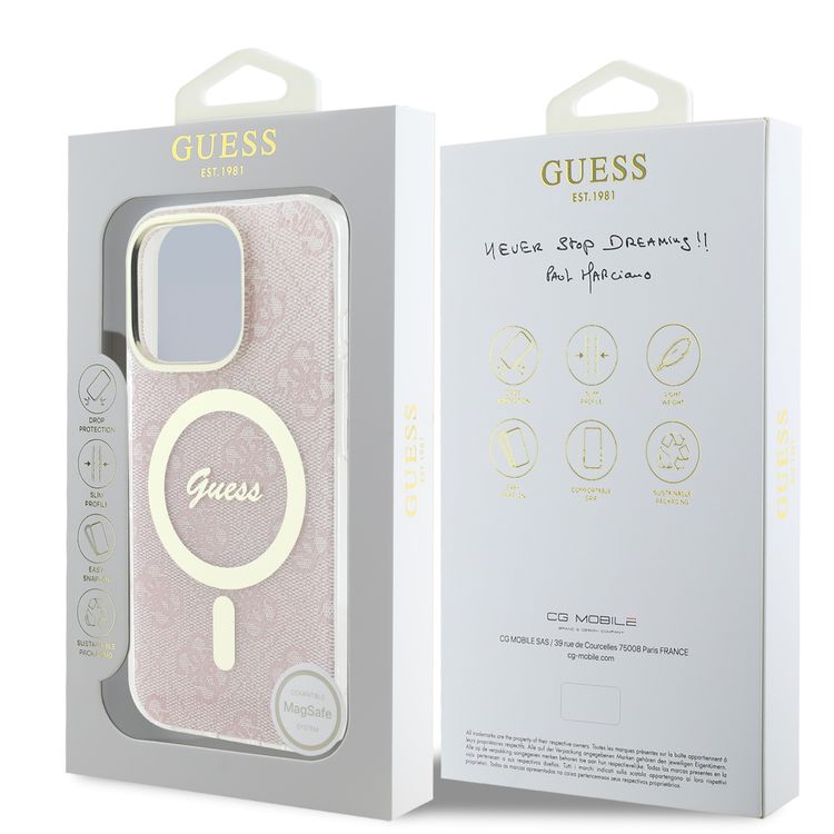 Guess MagSafe 4G Design HD Printing PC & TPU Case for iPhone 16 Pro Max, Lightweight, High-Quality Material, Drop Protection - Pink