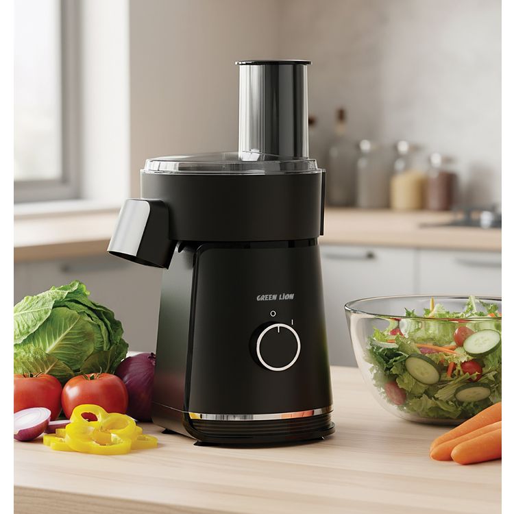 صانع السلطات 6 في 1 من جرين ليون بسعة 900 مل، شفرات من الفولاذ المقاوم للصدأ، قوة 200 وات، قاعدة مانعة للانزلاق، يشمل 6 شفرات للتقطيع، مع ضاغط طعام، غطاء مع قفل أمان، مواد غذائية، طول السلك 1 متر، - اللون: أسود