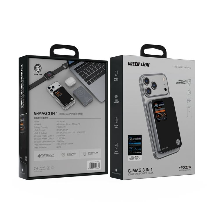 Green Lion G-Mag 3-in-1 Power Bank with 10000mAh Capacity, MagSafe Compatibility, PD 20W Fast Charge, Aluminum Alloy Shell, USB-C Input & Output Port, Ultra-Slim Design, Built-in Safeguards, Real-Time Power Display, Durable Aluminum Alloy + ABS + PC Material - Black