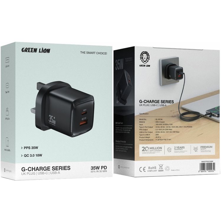 Green Lion G-Charge Series Wall Charger with PD 35W, USB-A & USB-C Ports, QC 18W,  3-Pin UK Plug, ABS & Copper Material, Fast Charge Support, GaN Technology - Black