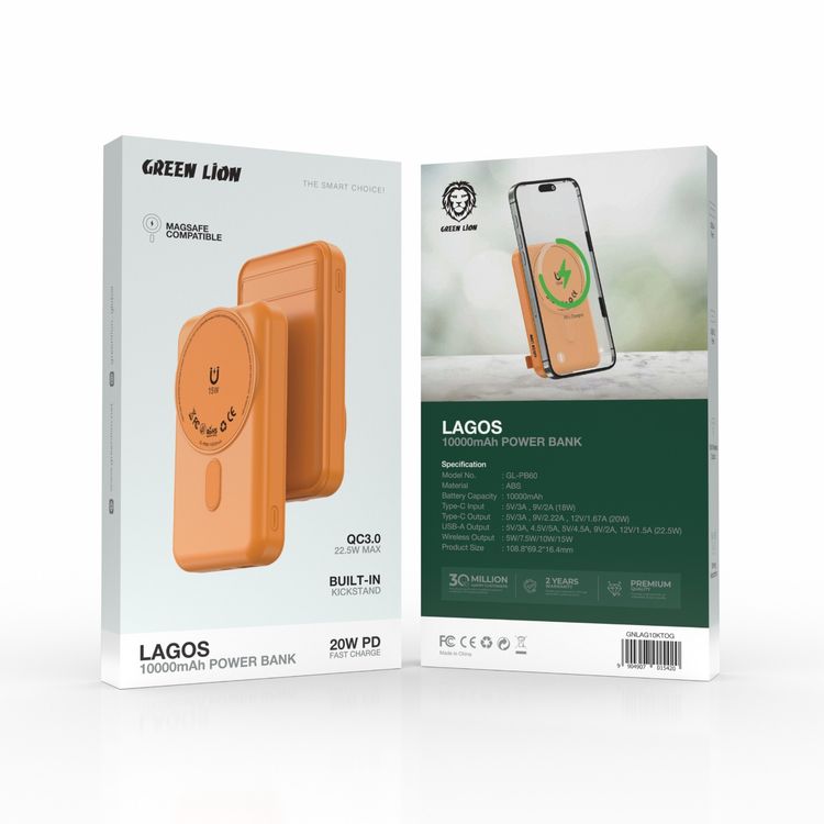 Green Lion Lagos 10000mAh Power Bank with PD 20W, MagSafe Compatible, Strong Adsorption, Built in Stand, Compact & Portable - Orange