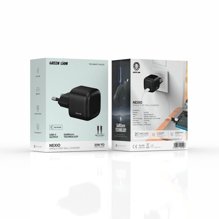 Green Lion NEXIO Single Port Wall Charger with EU Power Plug, 20W Power Delivery, USB-C to USB-C Cable, Charging Protection, Flame Retardant PC Material, USB-C Port, PD 3.0+PPS - Black