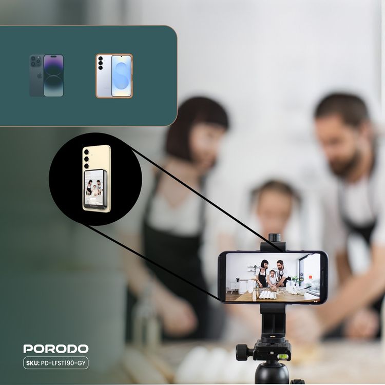 Porodo Selfie Screen Monitor with Magnetic Mirroring, 3.5 Hours Usage Time, 4.02" HD Screen, 1.85W Rated Power, 1800mAh Battery, 180° Screen Rotation, Compatible with iOS 9.0+ & Android 2.0+, 2.4G/5G Dual Band Wi-Fi Network - Gray